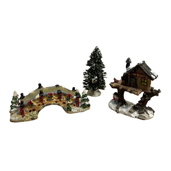 Vtg Cobblestone Corners Christmas Village Set Tree Club House Stone Bridge Pine - Picture 1 of 8